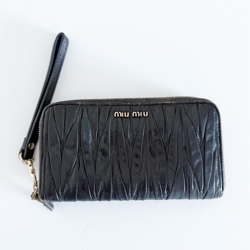 Miu Miu Matelasse Black Nappa Leather Long Zip Around Wallet Clutch